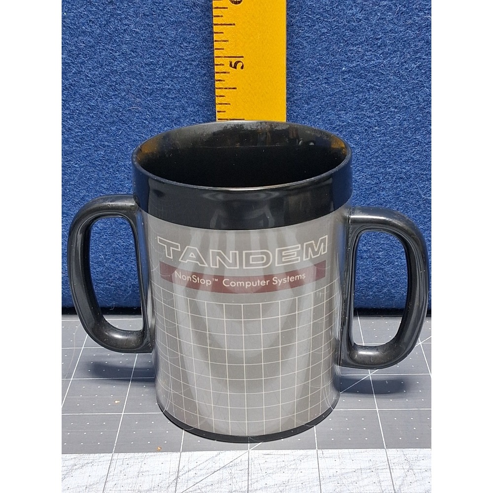 Thermo Serv Tandem NonStop Computer System Mug Black Silver Double Handle Coffee